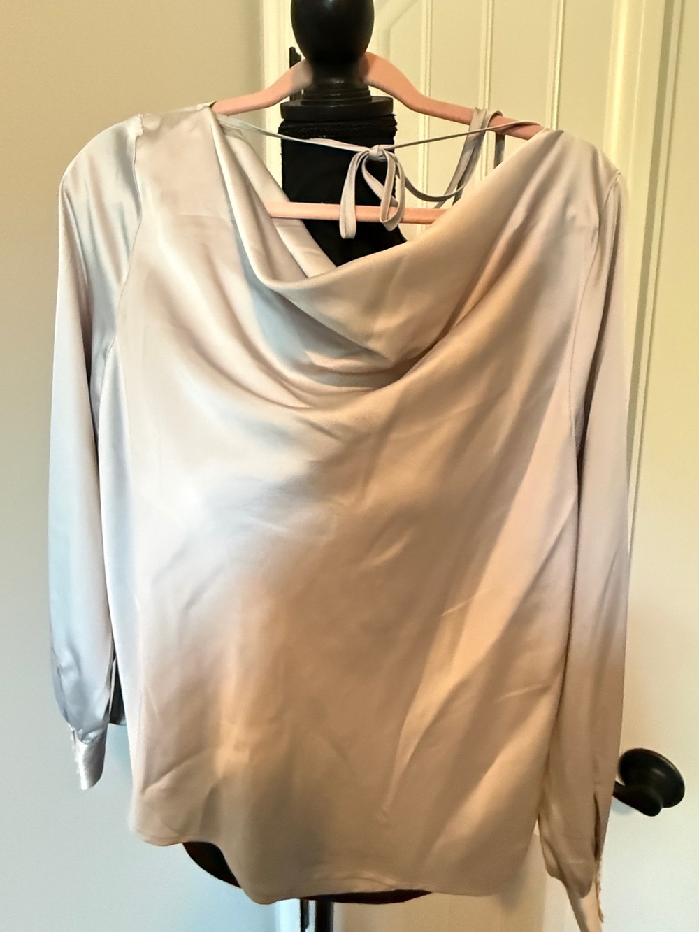 Worthington Satin Cowl Back Long Sleeve Top - Light Silver
